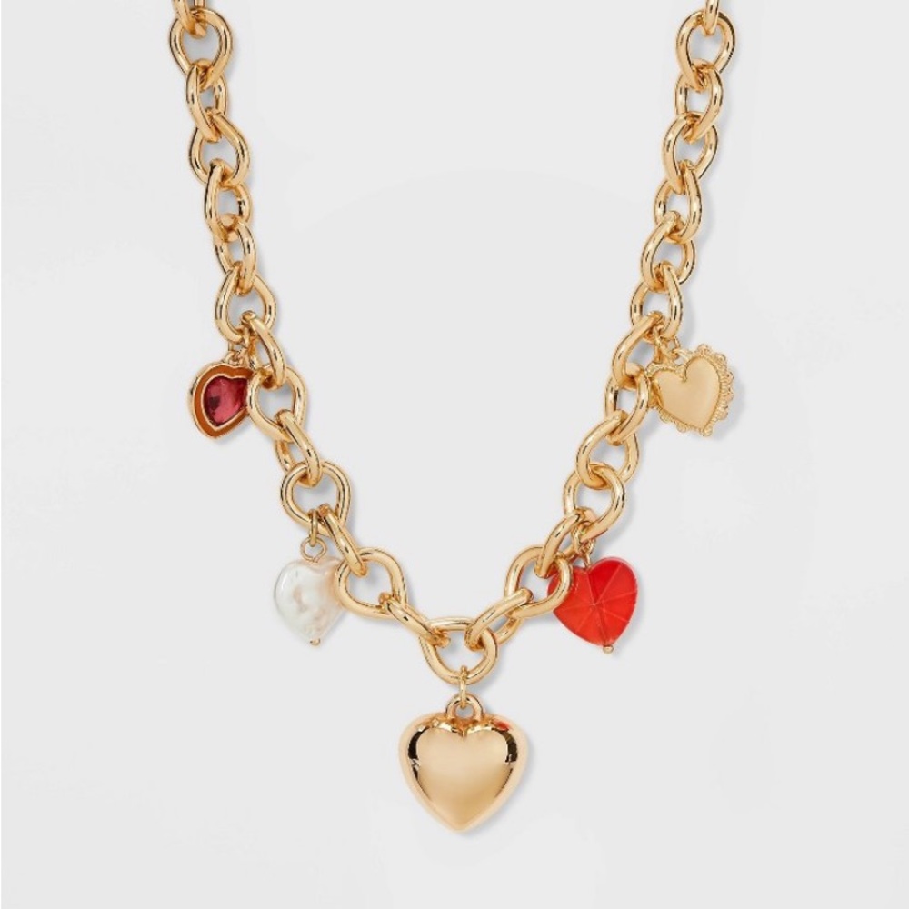 a new day Gold Heart Charm Necklace with Red and White Accents